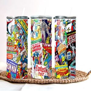 Vintage marvel comic inspired stainless steel tumbler with lid and straw.